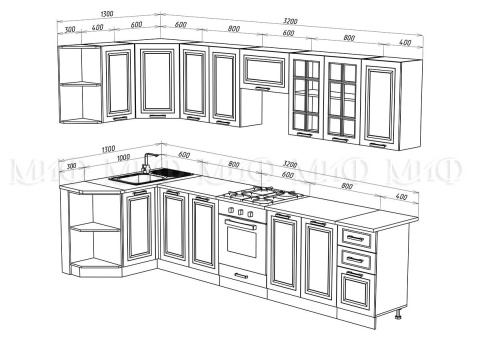 Кухонный Гарнитур Угловой Кармен 1 № 3 МДФ 1300  х 3200 мм/Разные Цвета